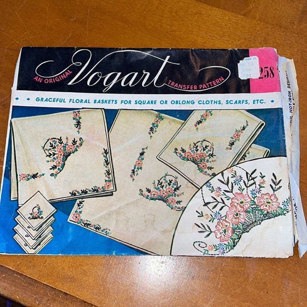 Vtg 50s Vogart iron on‎ transfers with floral basket motifs for linens/scarves